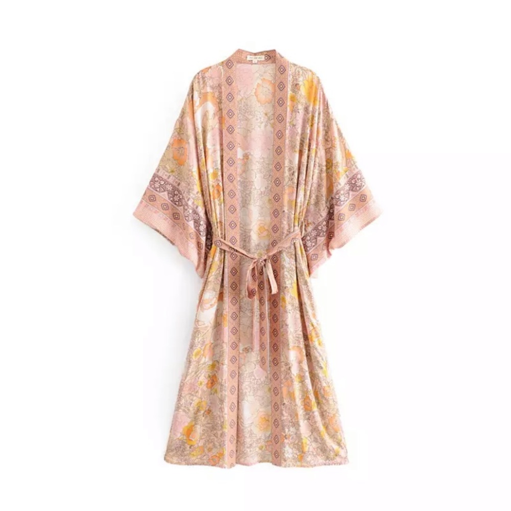 SOLD OUT Pink Bohemian Floral Maxi Duster Kimono Wrap Robe - Picture 11 of 16